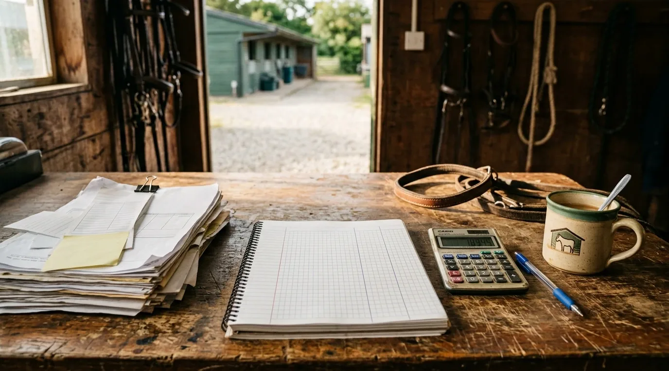 Table de sellerie avec factures, calculatrice et carnet ouvert, pour chiffrer le coût annuel d’un cheval