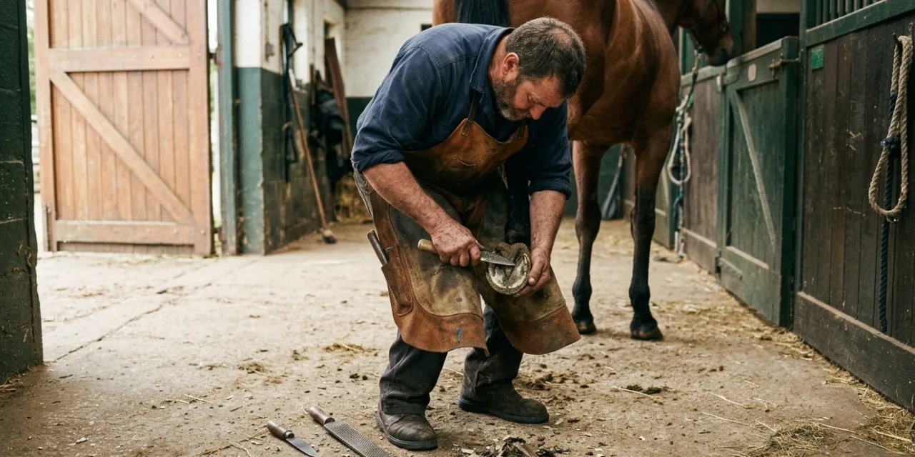 Maréchal-ferrant parant un pied de cheval, poste de dépense récurrent toutes les six semaines