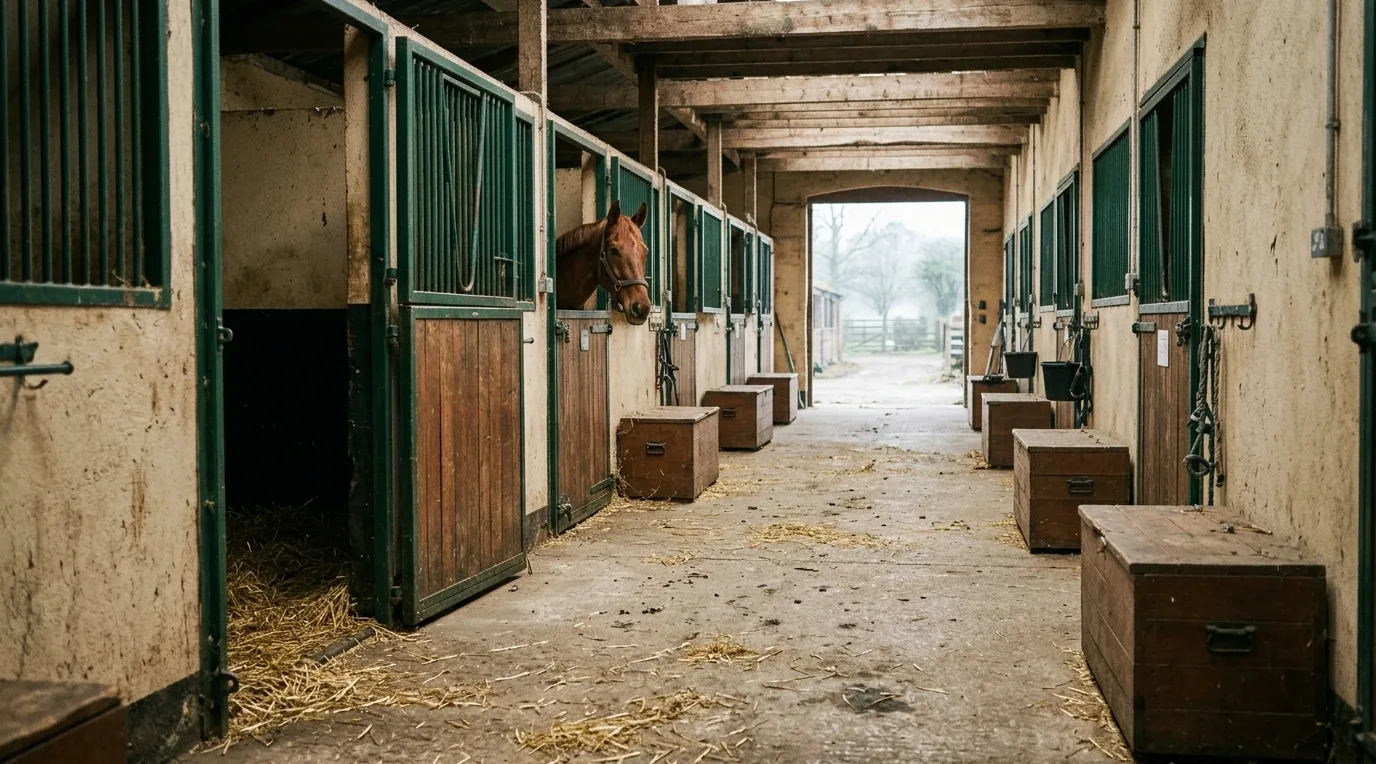 Allée d’écurie bordée de boxes au petit matin