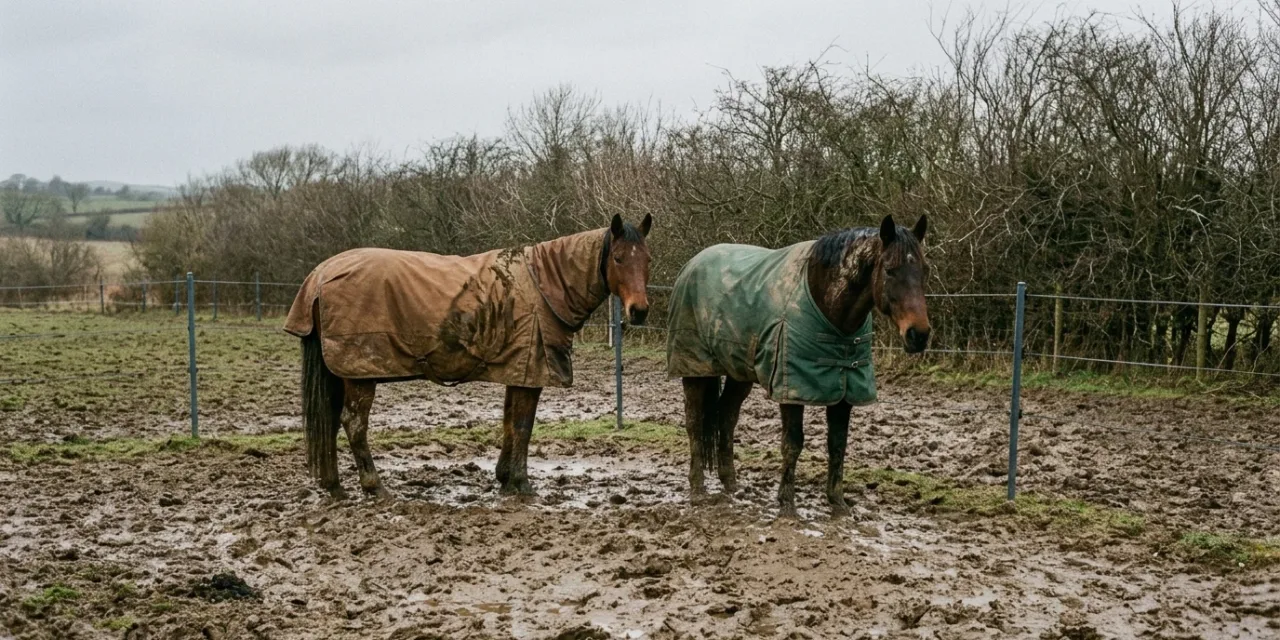 Chevaux au paddock en hiver, clôture électrifiée et sol détrempé