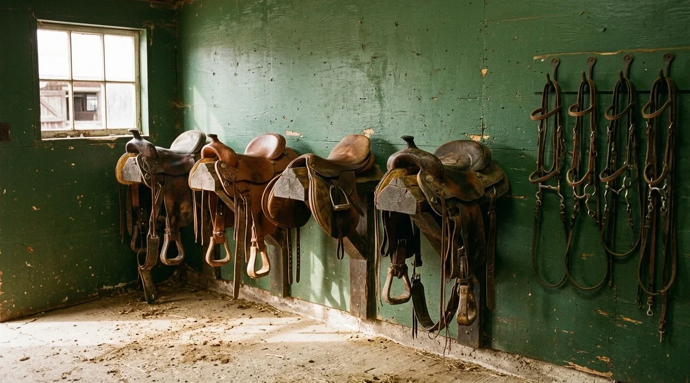 Selles alignées sur leur porte-selle dans une sellerie