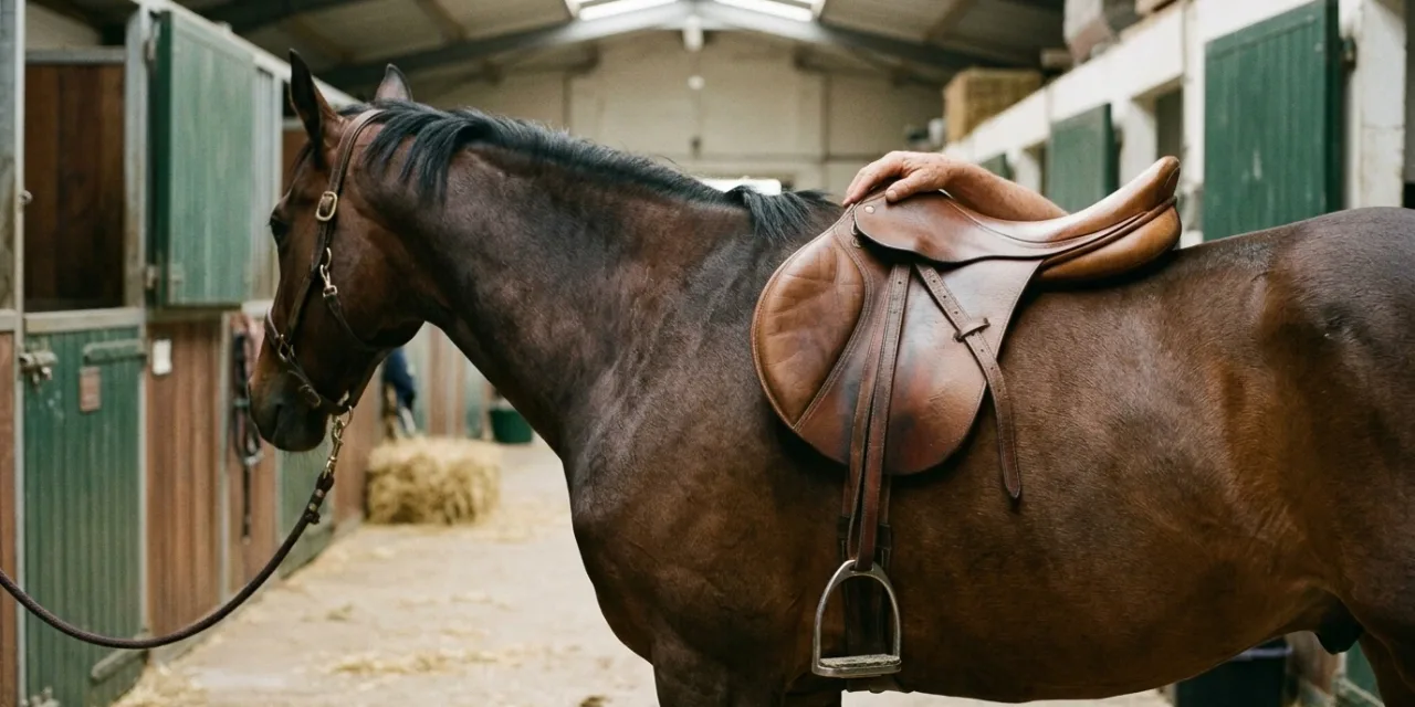 Selle posée sur le dos d’un cheval, dégagement du garrot visible de côté