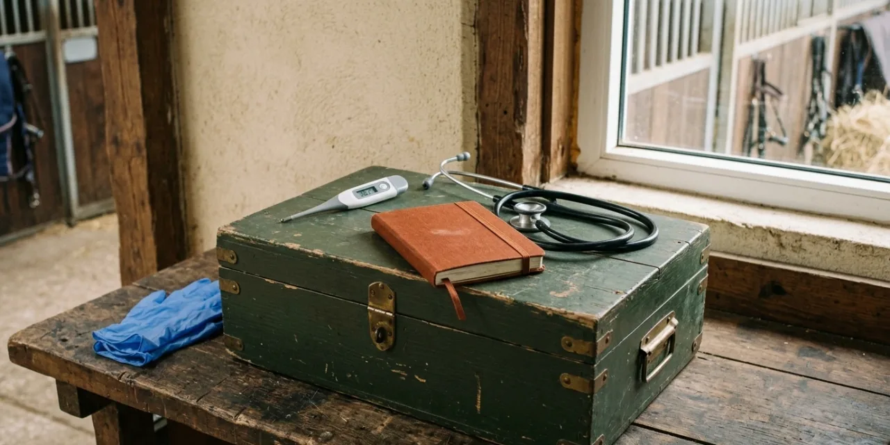 Thermomètre, stéthoscope et carnet posés sur une caisse de pansage