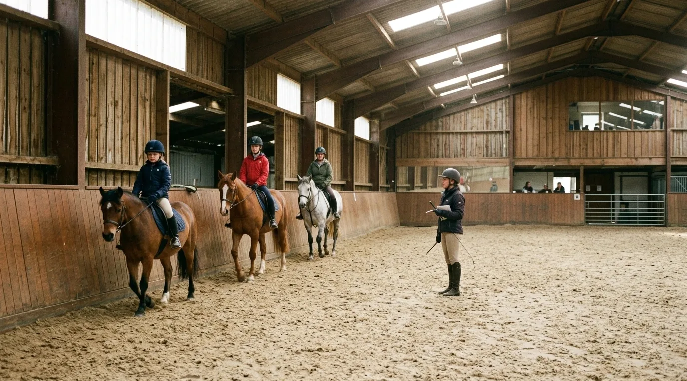 Cours collectif de débutants en manège, moniteur au centre de la piste