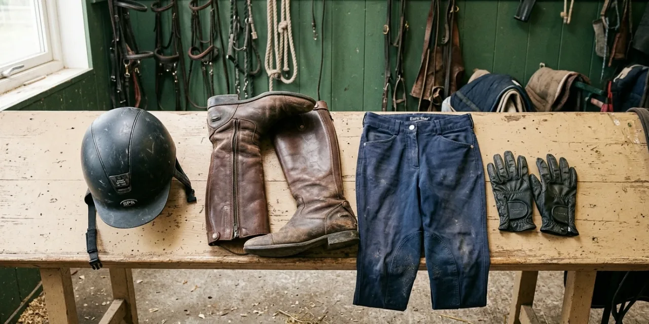 Casque, bottes, gants et pantalon d’équitation posés avant un premier cours