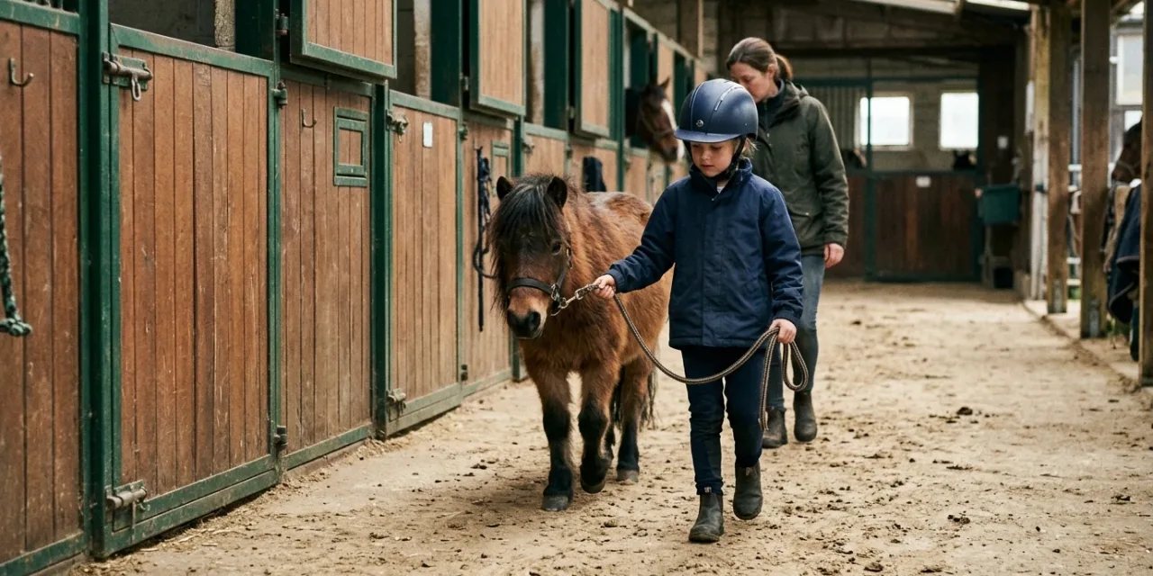 Enfant menant un poney en main dans une allée, sous la surveillance d’un adulte