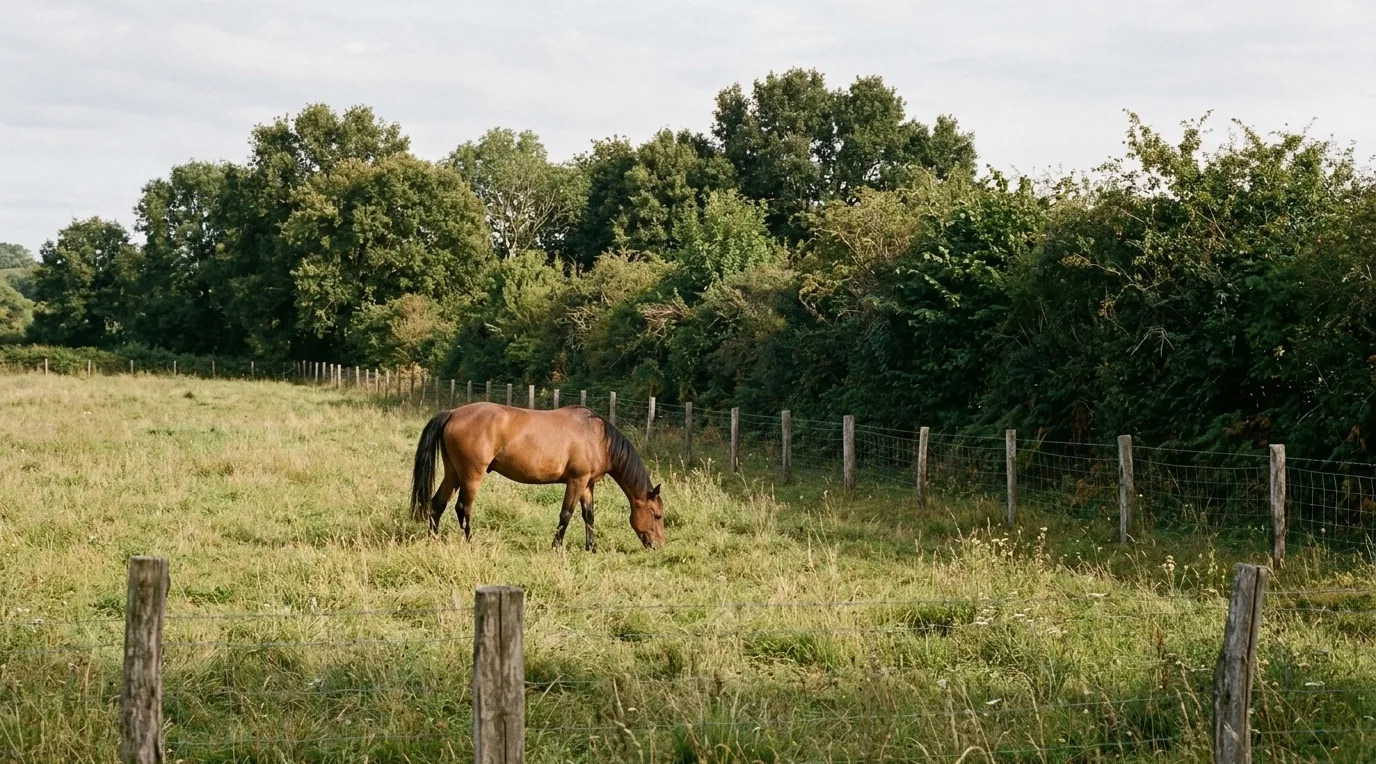 Cheval brun au pré dans la campagne française, en fin de journée