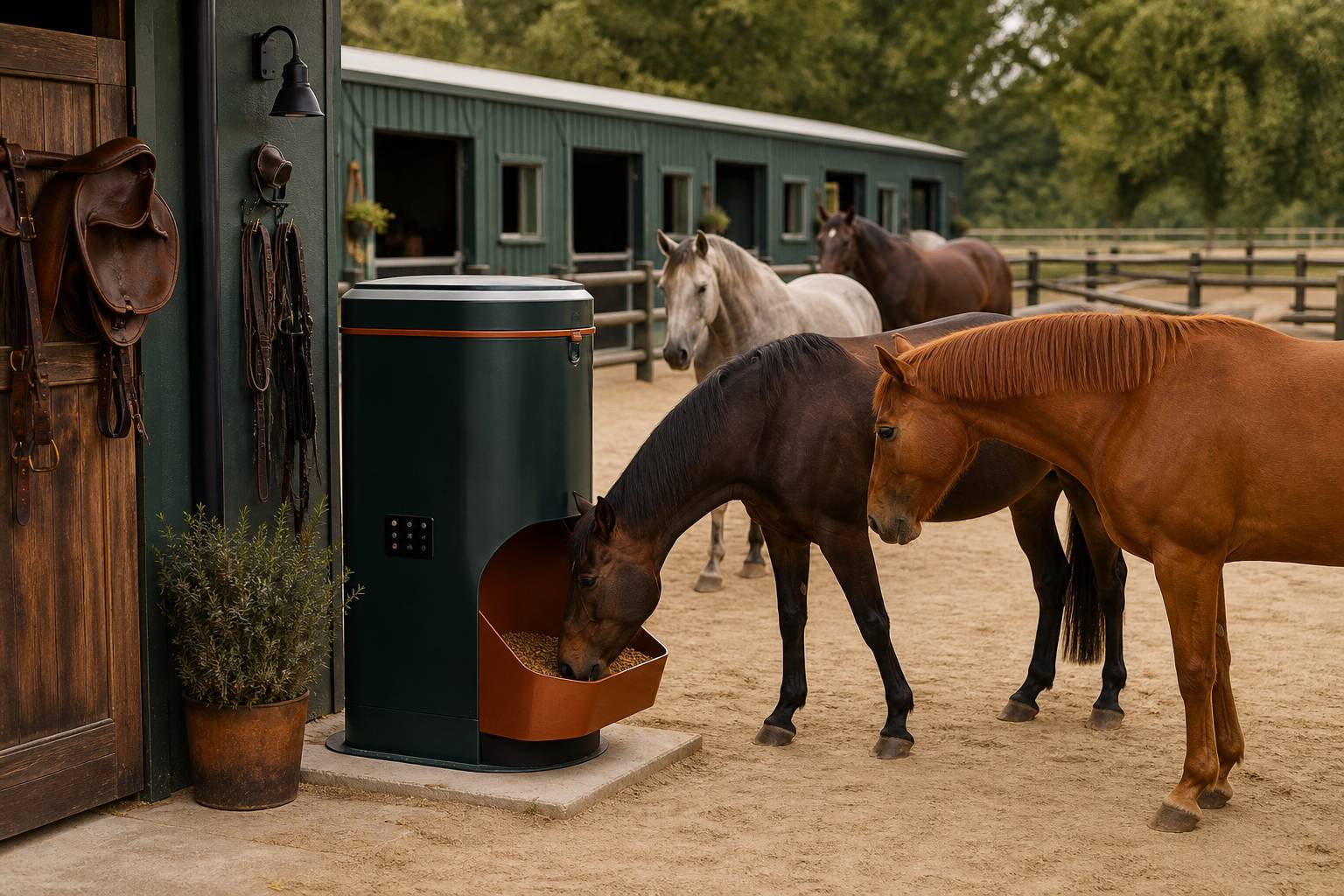 Distributeur d'alimentation automatique dans un paddock d'écurie active, chevaux à proximité