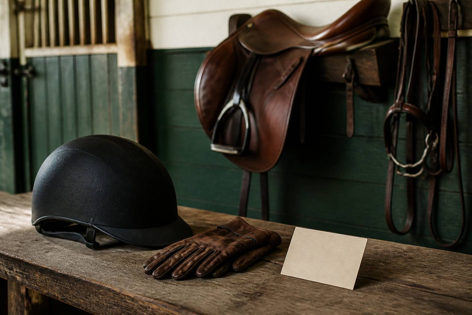 Casque, gants et carte de licence posés sur un banc de club hippique