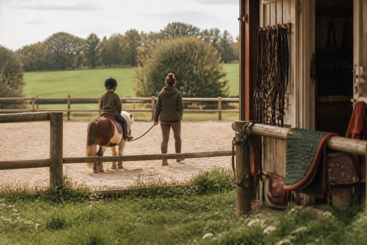 Séance de baby poney dans une carrière, poney tenu en main par un adulte