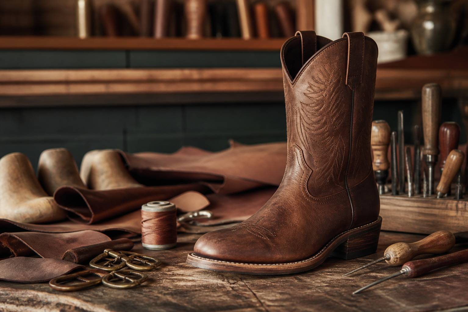 Gros plan sur une botte western en cuir montrant coutures, tige et semelle sur un établi