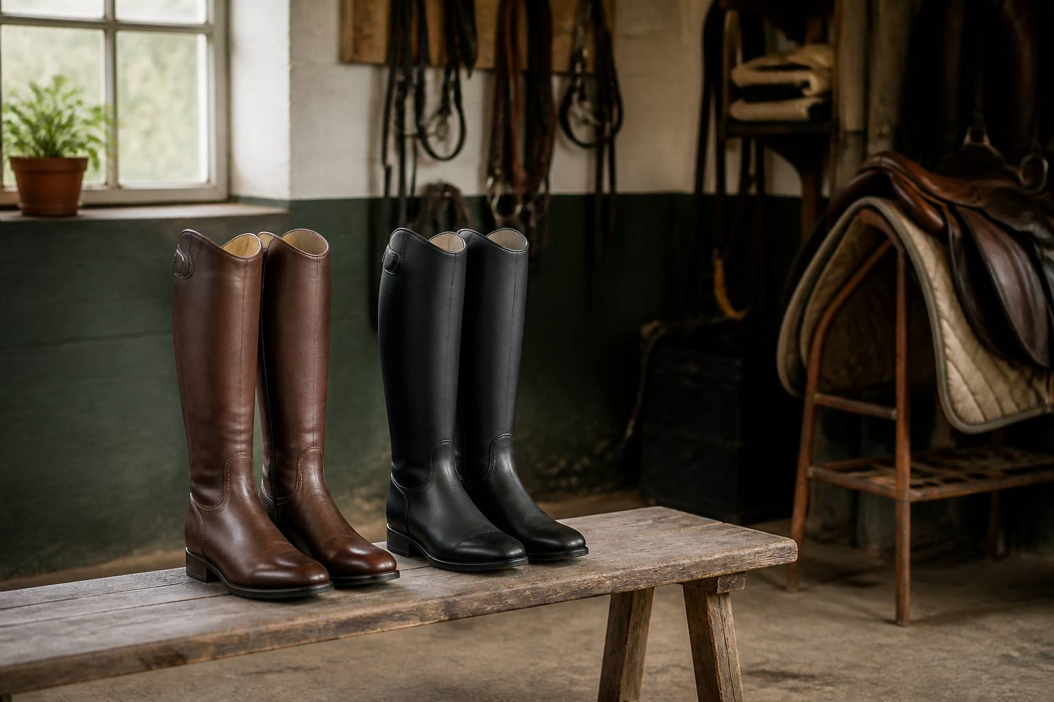 Deux paires de bottes d'équitation côte à côte, cuir brun et matière synthétique