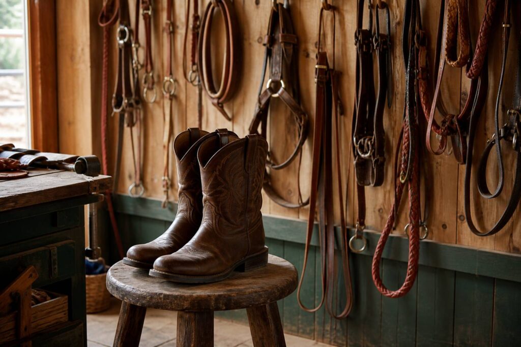 Paire de bottes western en cuir brun posée sur un tabouret de sellerie