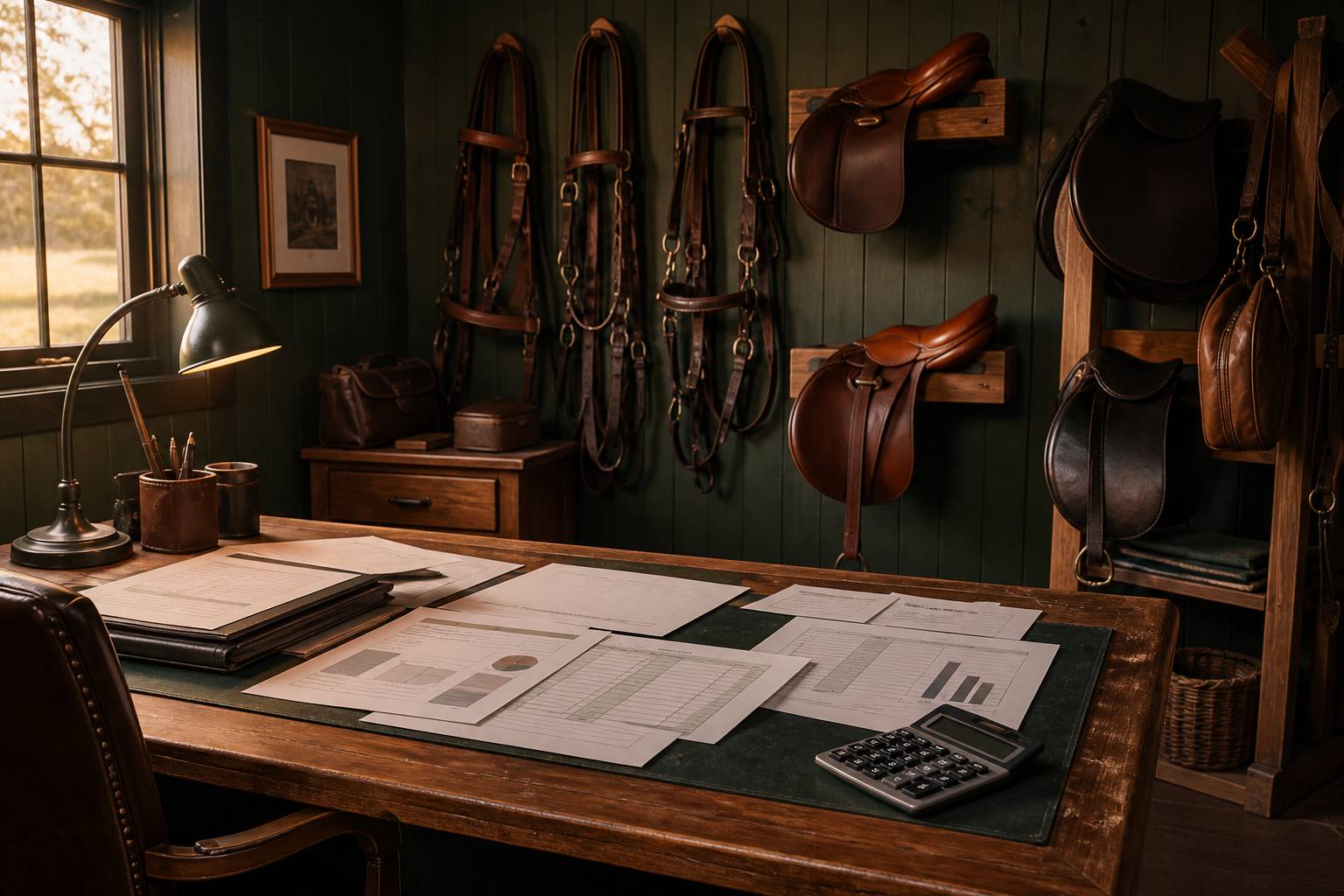 Documents de budget équestre et calculatrice sur une table de sellerie, harnais en cuir au mur