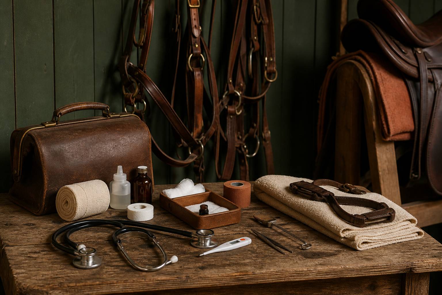Stéthoscope et trousse de soins vétérinaires posés sur une table en bois d'écurie