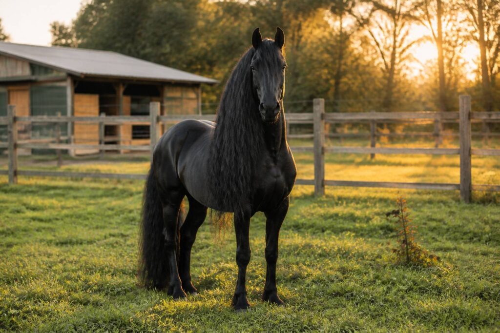 Cheval Frison noir aux crins abondants dans un pré au soleil couchant