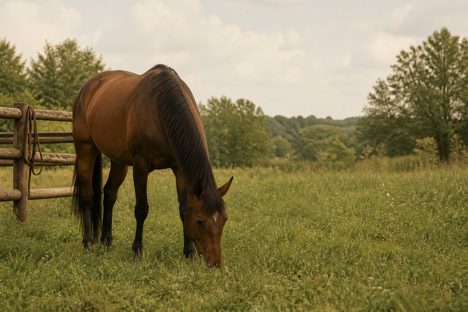 Cheval au pré, tête baissée dans l'herbe, lumière d'été