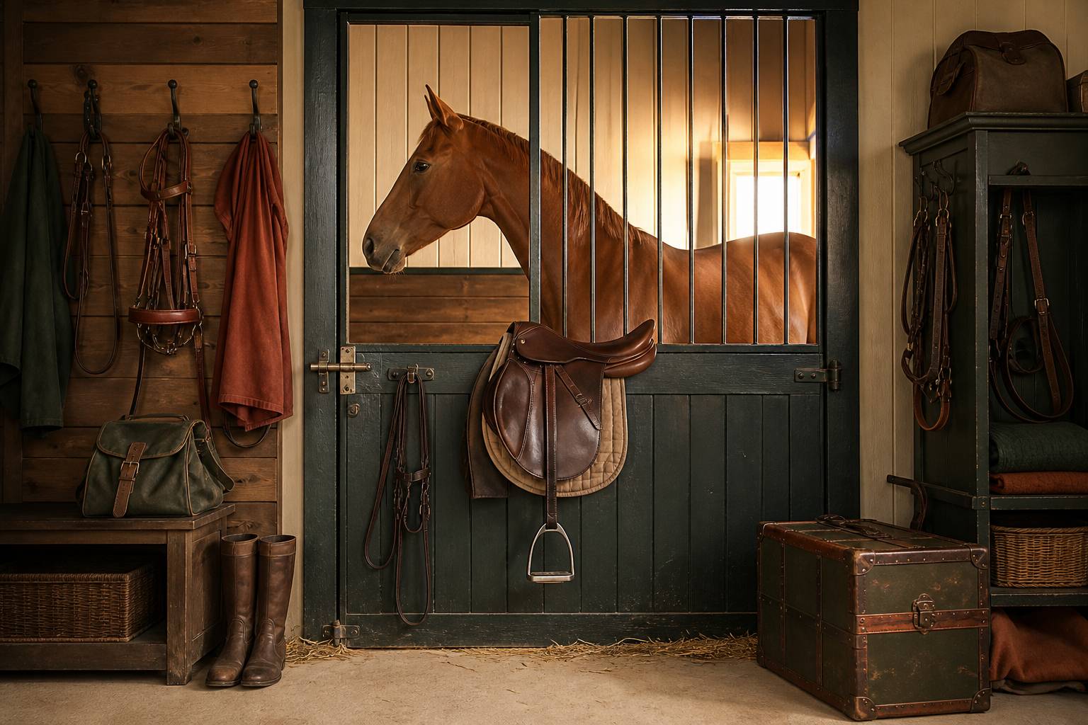 Cheval alezan vu de profil derrière la porte d'un box avec de la paille