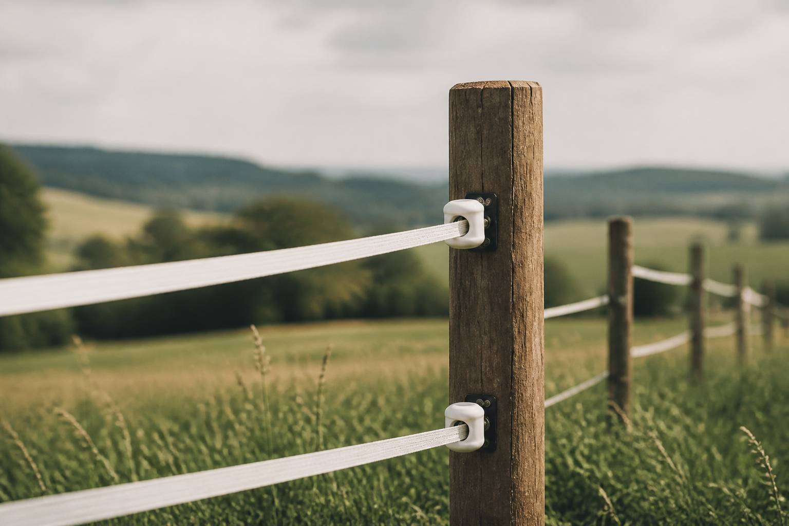 Poteau de clôture électrique avec ruban blanc et isolateurs dans un pré