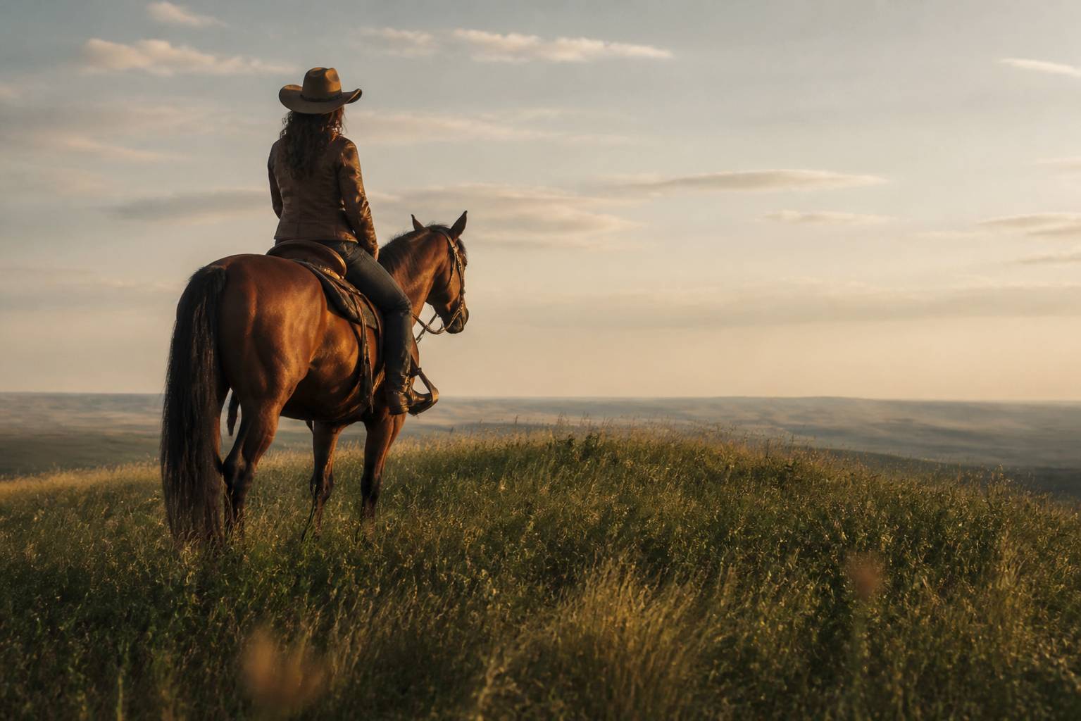 Cavalière western générique et son cheval au sommet d'une colline de prairie