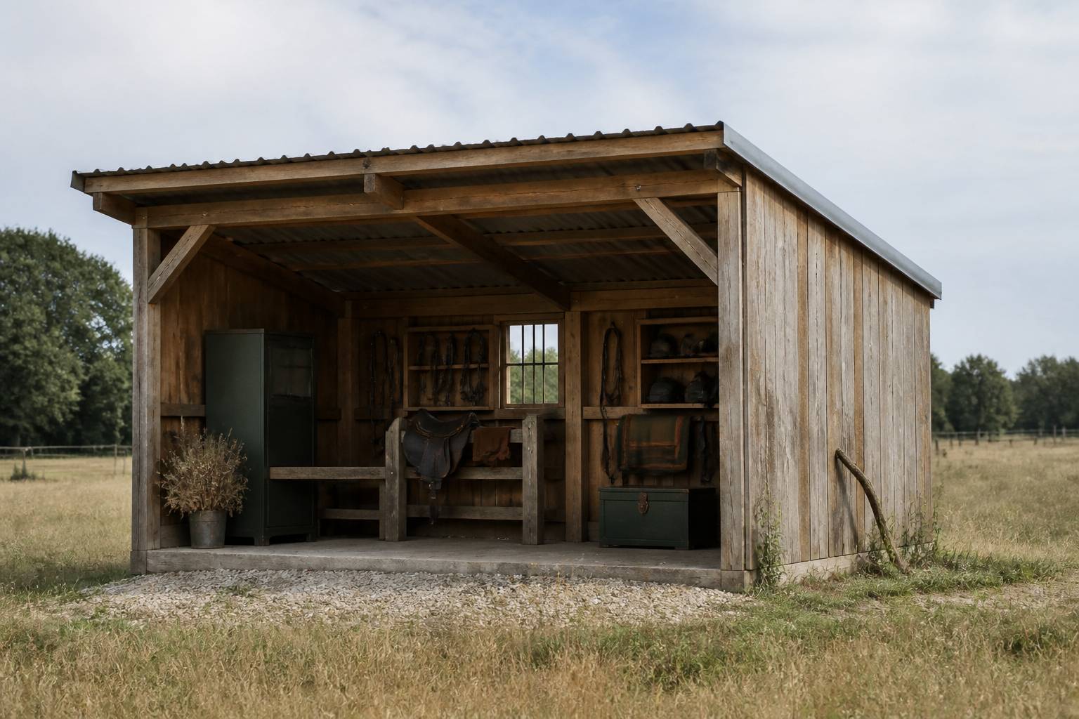 Abri agricole en bois pour chevaux avec toiture en bac acier dans une prairie