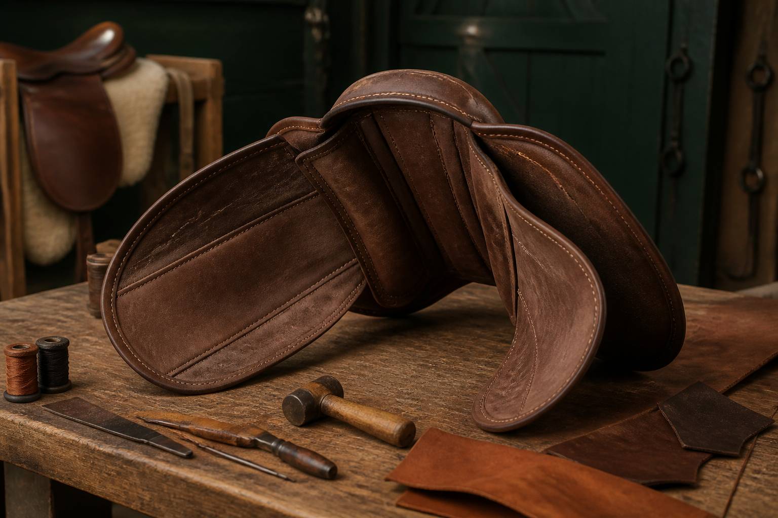 Selle en cuir retournée montrant coutures, quartiers et panneaux sur un établi