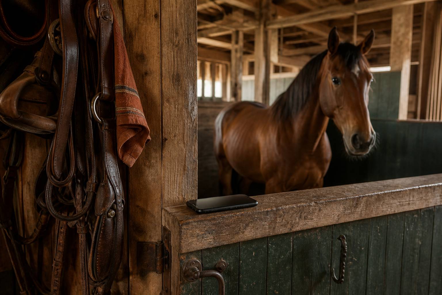 Téléphone posé sur la barre d'un box, cheval au repos derrière la porte