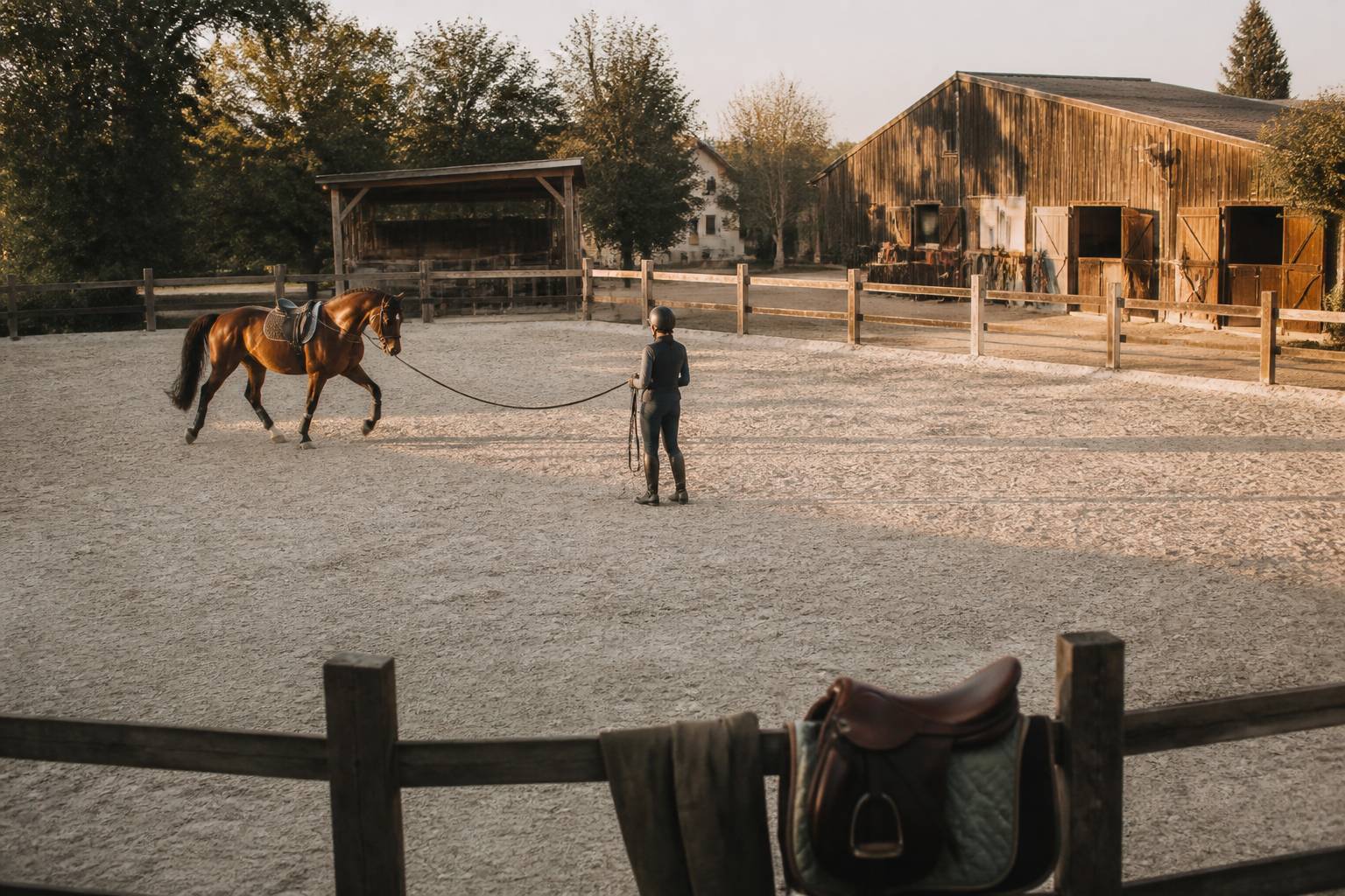 Cheval longé en cercle dans un rond de longe, cavalier en silhouette au centre