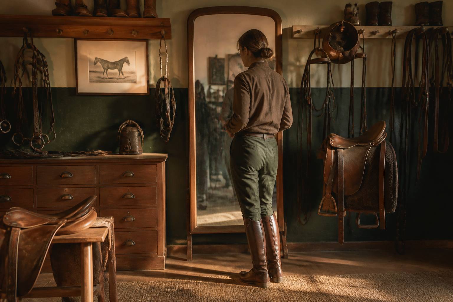 Personne en silhouette se regardant dans un miroir ancien en bois