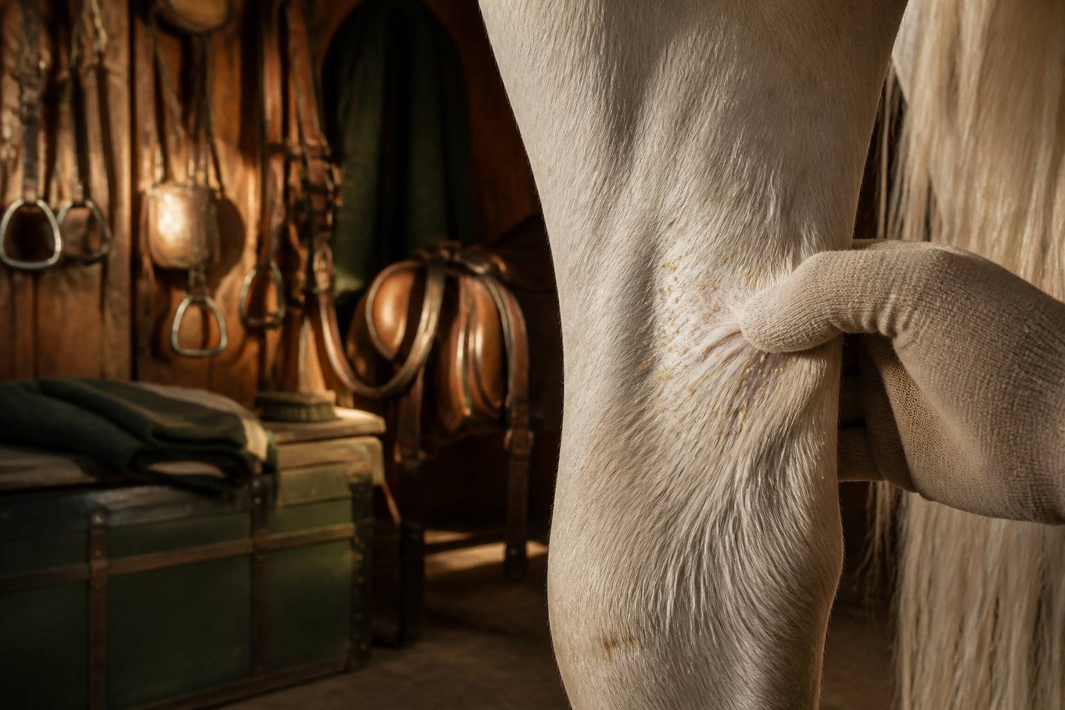 Gros plan de minuscules grains jaunes collés aux poils d'un cheval