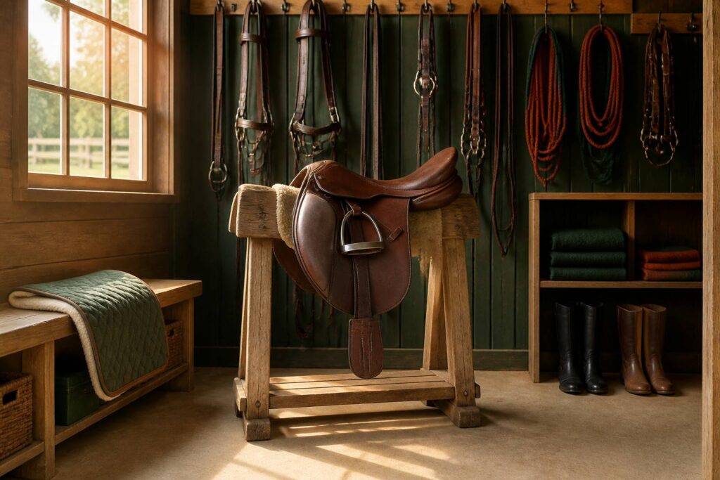 Selle en cuir tanné posée sur un support en bois dans une sellerie