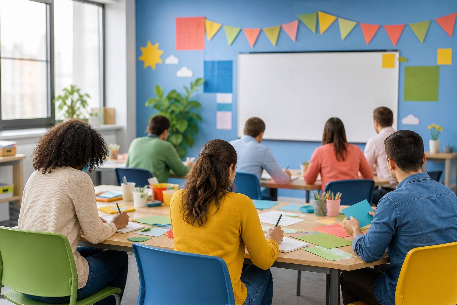 Élèves en autonomie autour de tables avec documents dans une salle de formation claire