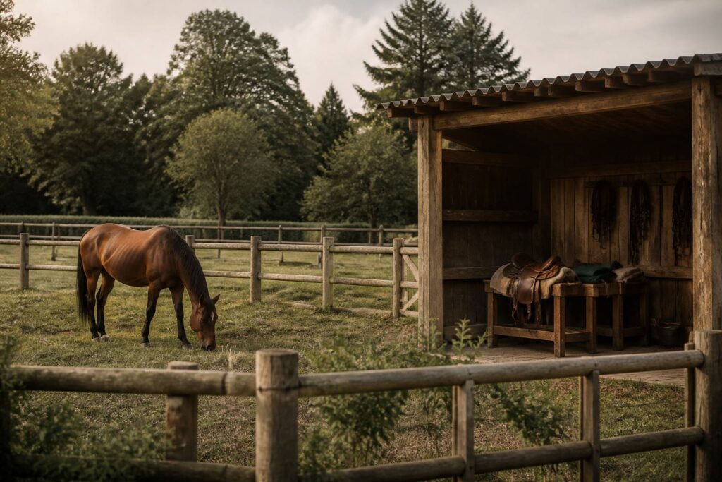 Cheval dans un paddock avec abri en bois et clôture dans un paysage girondin