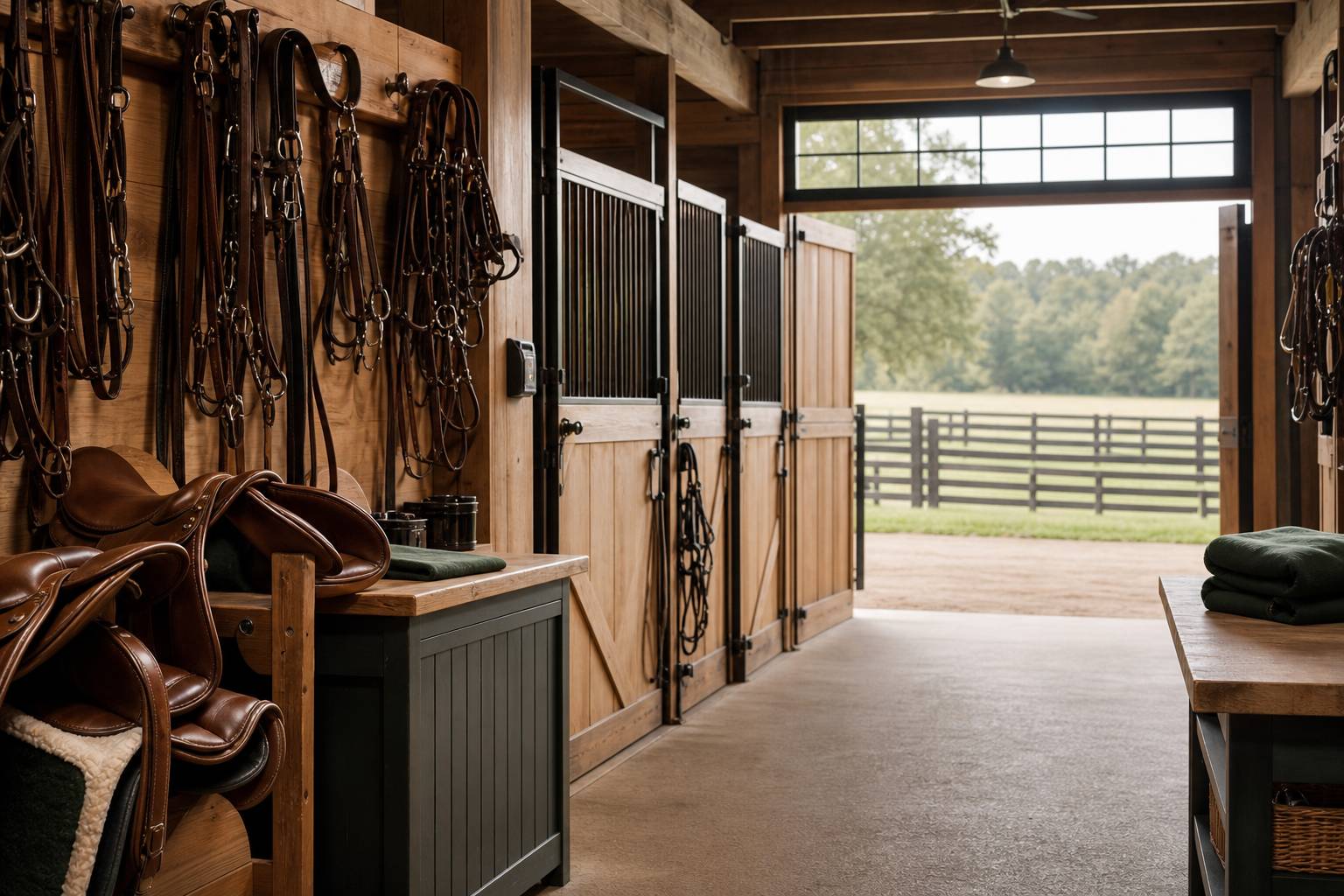 Écurie avec box en bois, sellerie et paddock pour pension équine
