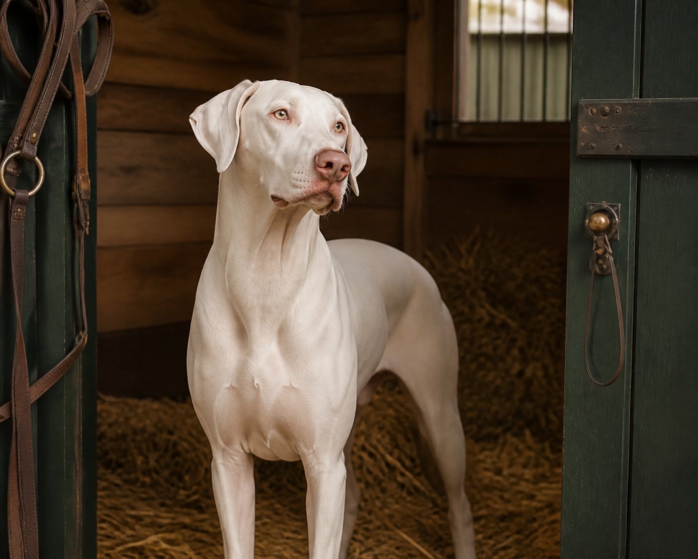 Portrait rapproché d'un doberman blanc au regard doux dans un box à la lumière douce