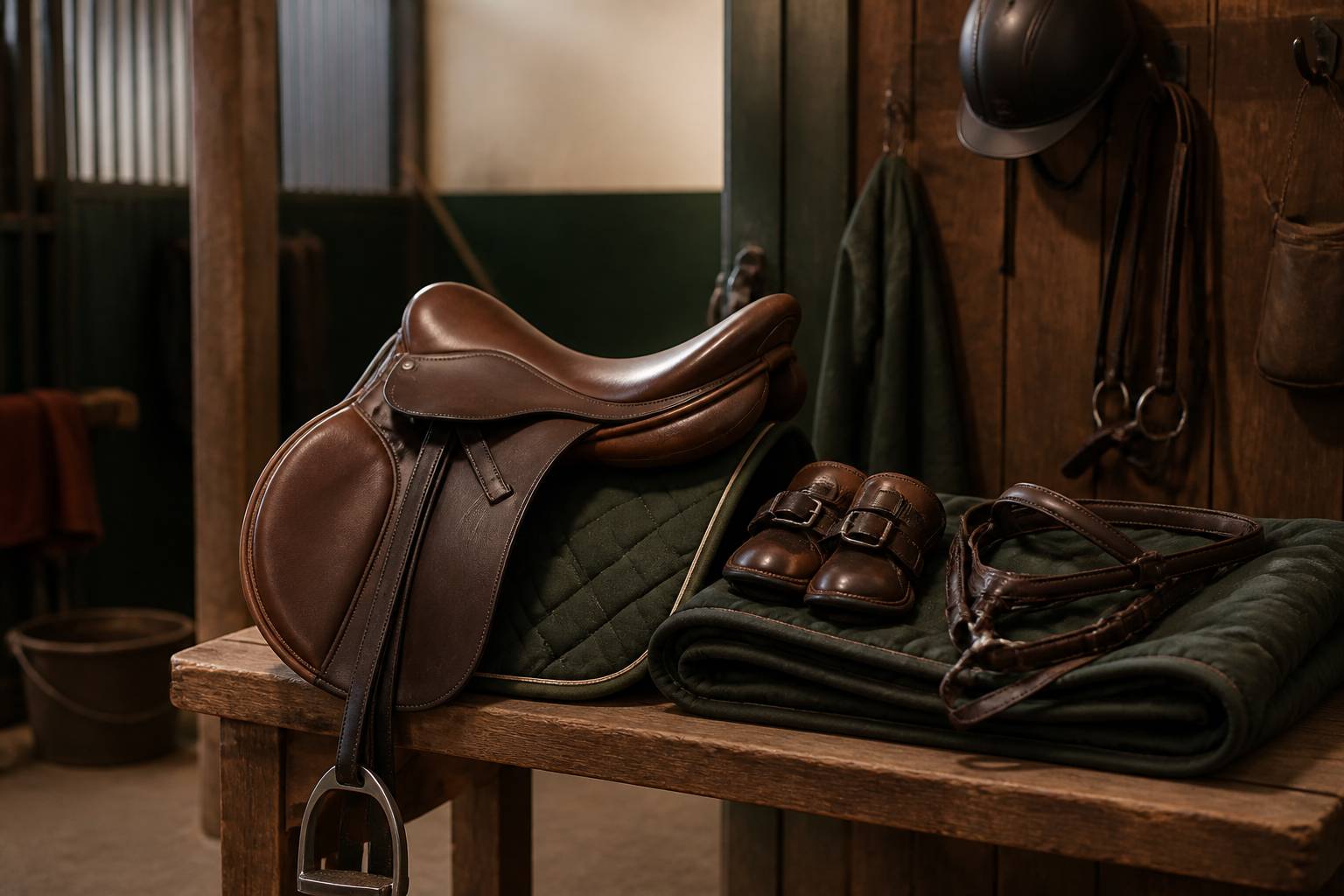 Équipement de concours préparé dans une sellerie : selle, tapis et protège-tendons