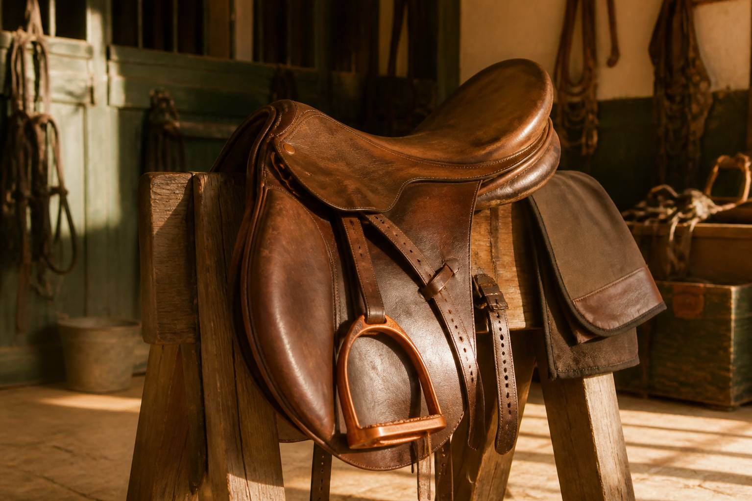 Selle en cuir tanné posée sur un chevalet de bois brut