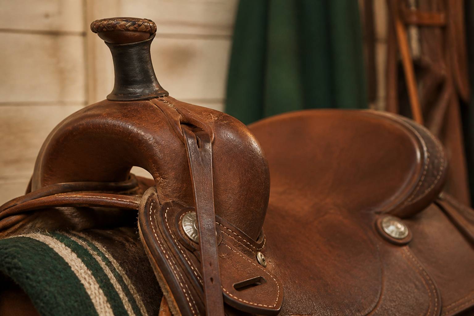 Détail d'une selle western en cuir avec ses coutures et son arçon