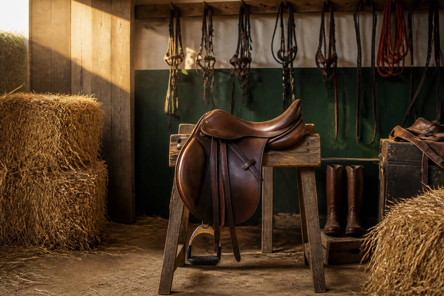 Selle en cuir tanné et équipement dans une sellerie chaleureuse