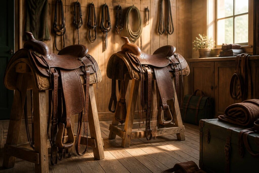 Deux selles western en cuir présentées sur des supports en bois dans une sellerie