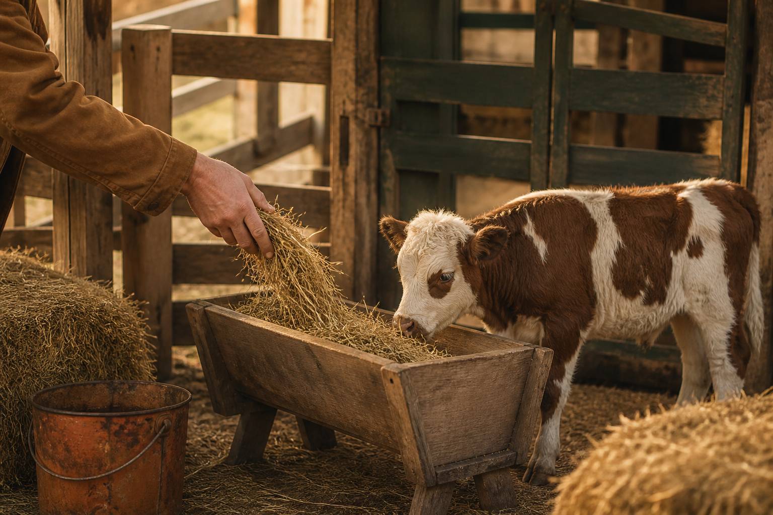 Main d'éleveur versant du foin pour une vache miniature dans un enclos