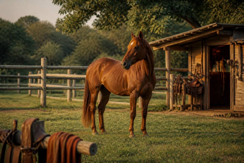 Cheval alezan à la robe acajou debout dans un pré avec clôture en bois brut