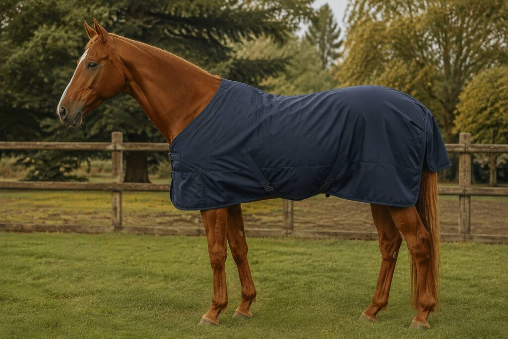 Cheval alezan portant une couverture d'extérieur imperméable dans un paddock herbeux