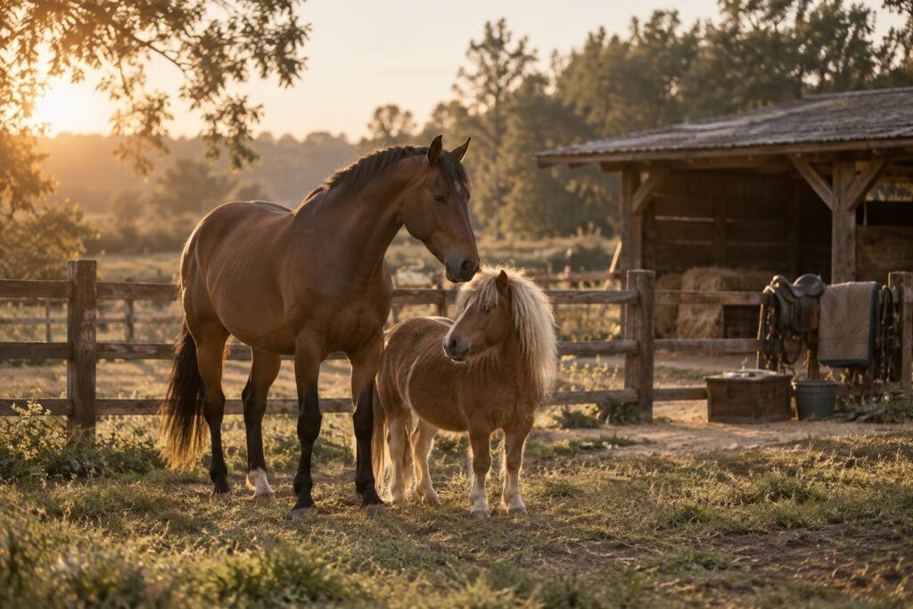 Cheval et double poney côte à côte dans un pré de haras