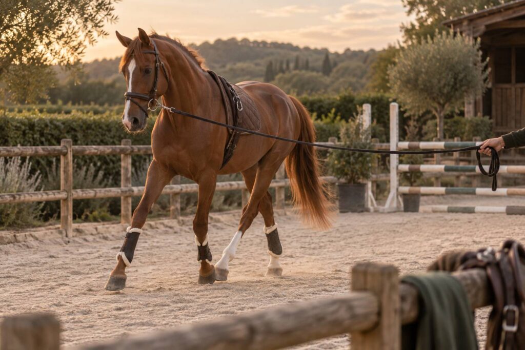 Vue large d'un cheval de sport alezan dans une carrière en bois : robe brillante, longe tenue par une main (no