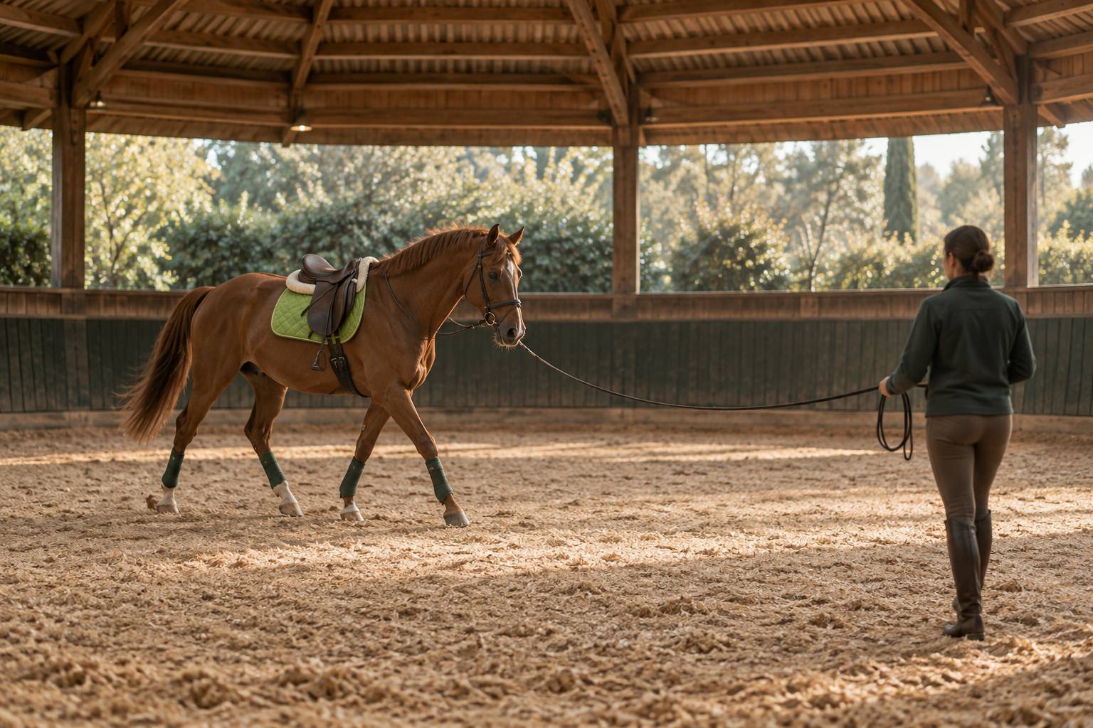 Cheval alezan avec tapis vert pomme dans un manège couvert
