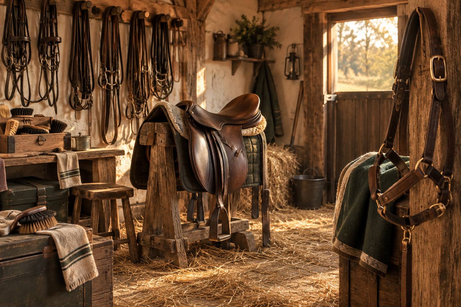Sellerie bien tenue avec selle en cuir et brosses sur un support en bois