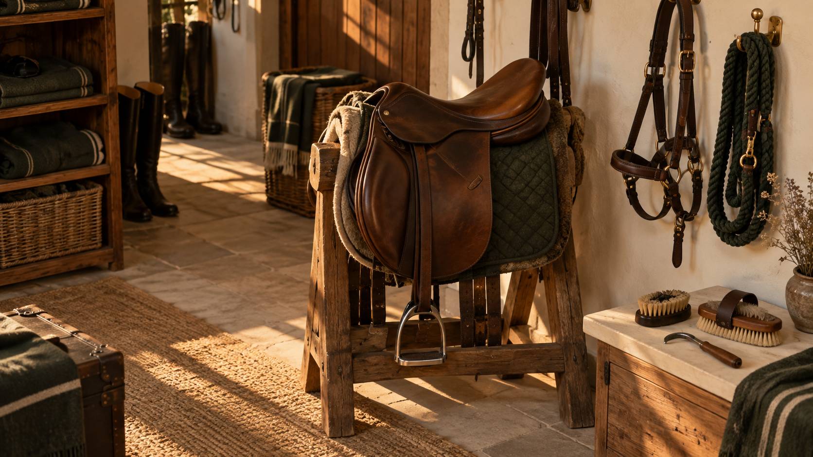Selle en cuir et licol suspendus dans une sellerie