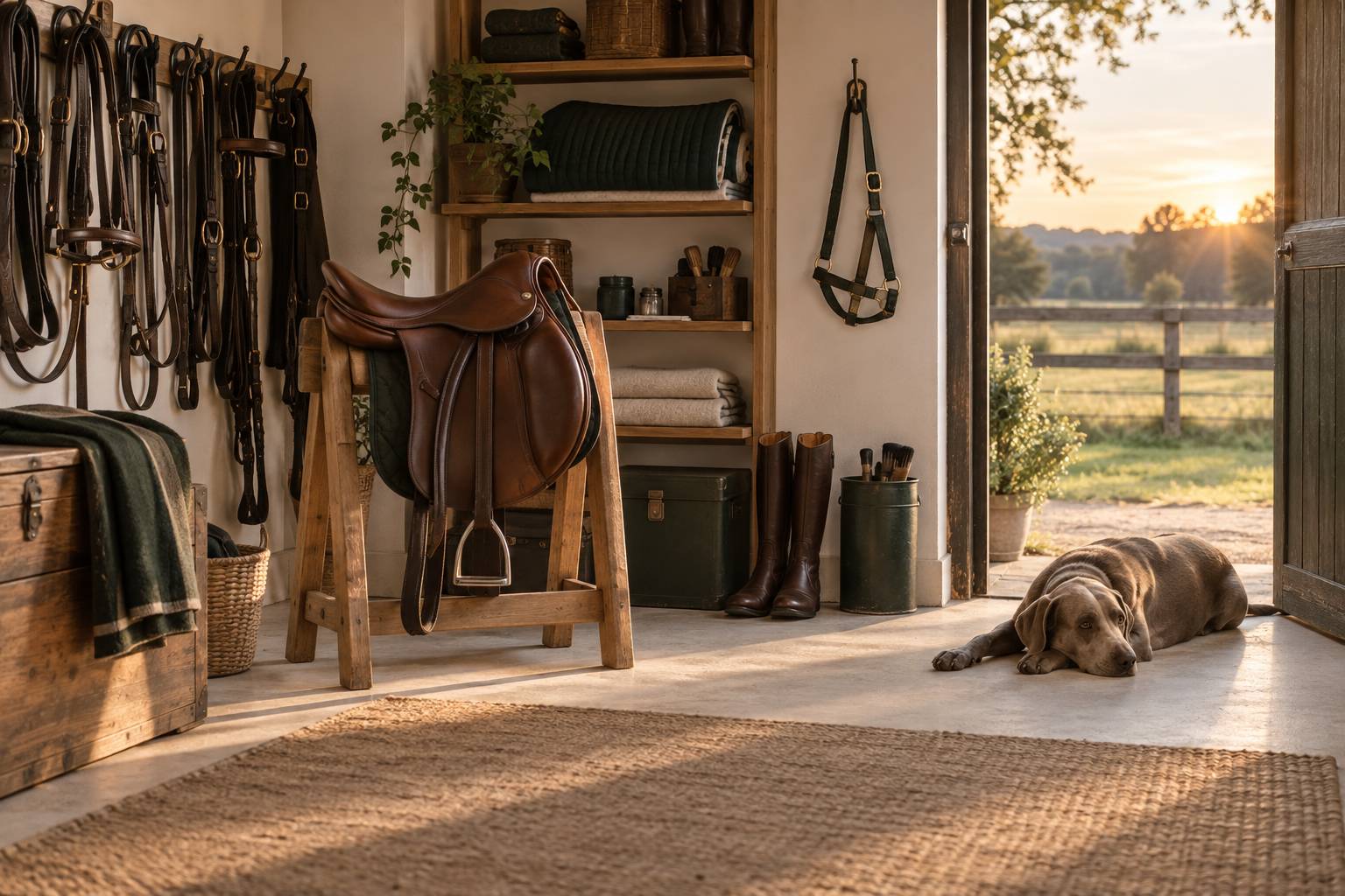 Sellerie bien tenue avec selle, licol et chien gris allonge au sol