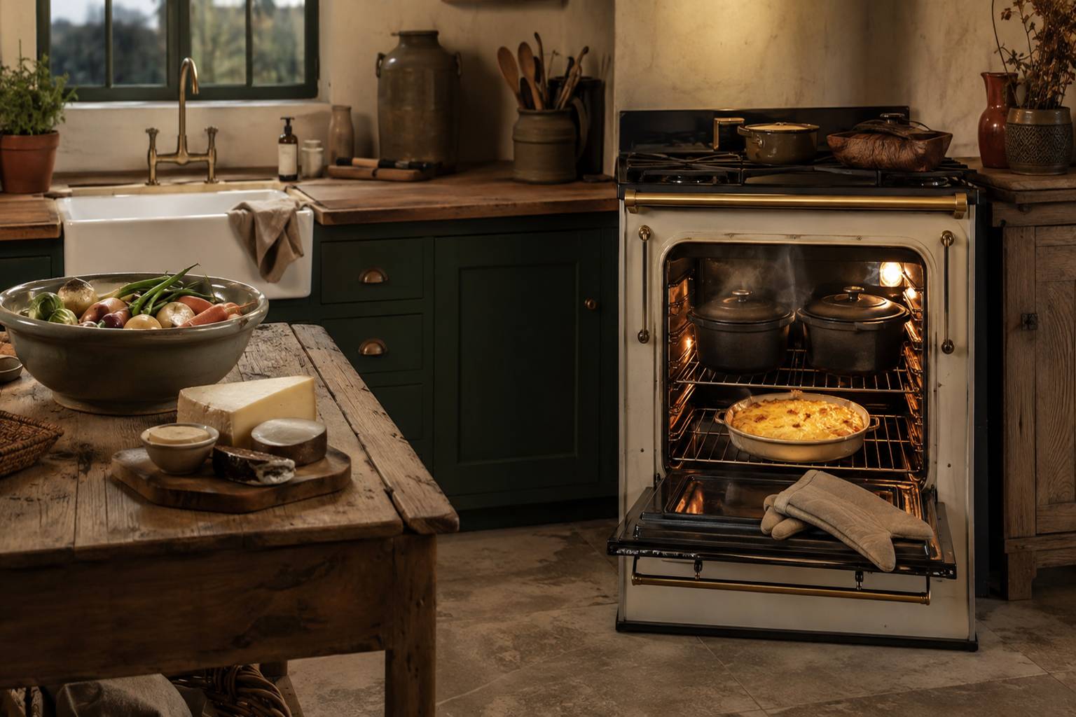 Cocottes en fonte et gratin cuisant au four dans une cuisine de ferme chaleureuse